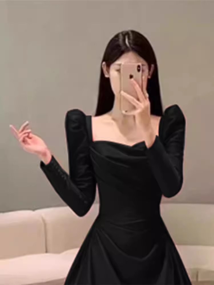 Sexy A line Long Sleeves Black Satin Long Prom Dress C823