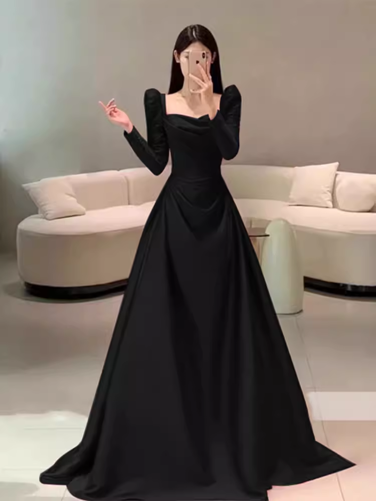 Sexy A line Long Sleeves Black Satin Long Prom Dress C823