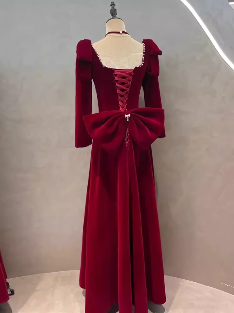 Sexy A line Long Sleeves Red Velvet Long Prom Dress C824