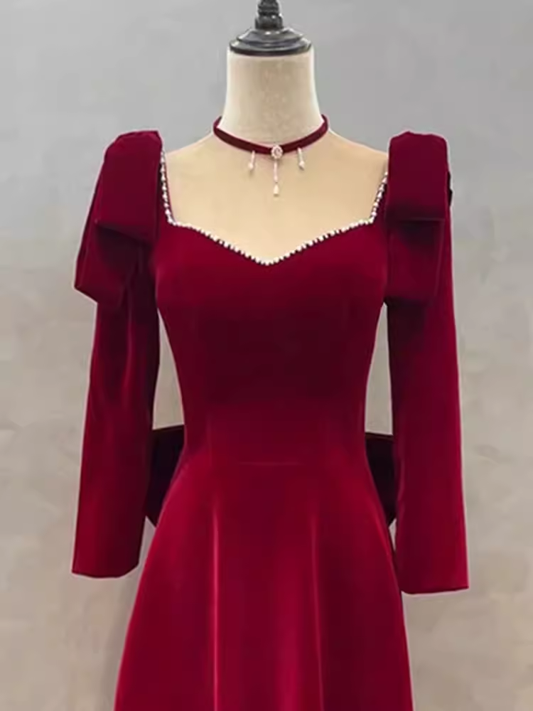 Sexy A line Long Sleeves Red Velvet Long Prom Dress C824