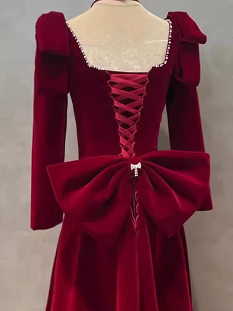 Sexy A line Long Sleeves Red Velvet Long Prom Dress C824