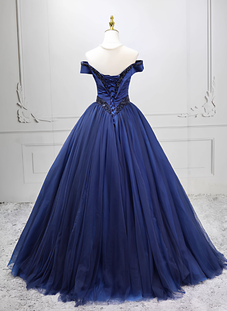 Trendy Off-the-Shoulder Blue Ball Gown Long Beads Sweet 16 Dresses C8260