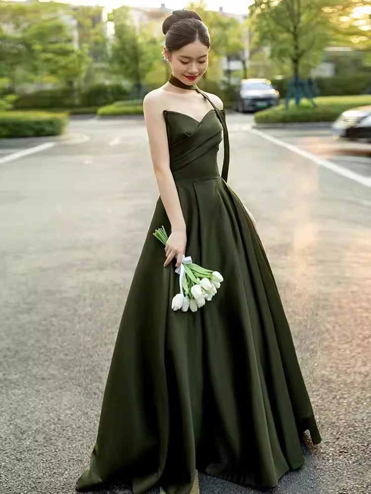 Sexy A line Sweetheart Satin Green Long Prom Dress C827