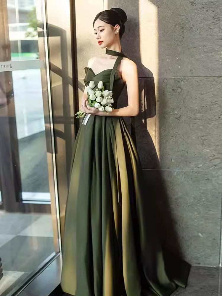 Sexy A line Sweetheart Satin Green Long Prom Dress C827