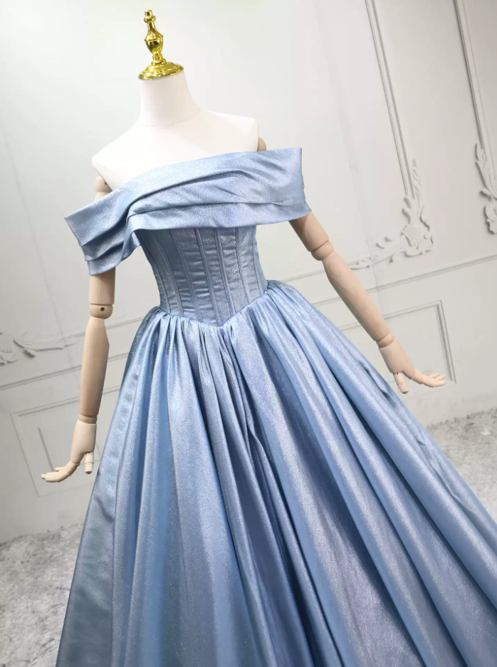 Classical Off-the-Shoulder Ball Gown Blue Satin Sweet 16 Dresses C8288