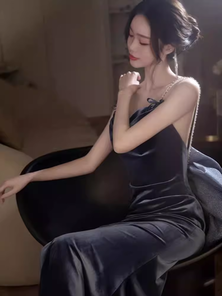 Sexy Mermaid Straps Velvet Navy Blue Long Prom Dress C828