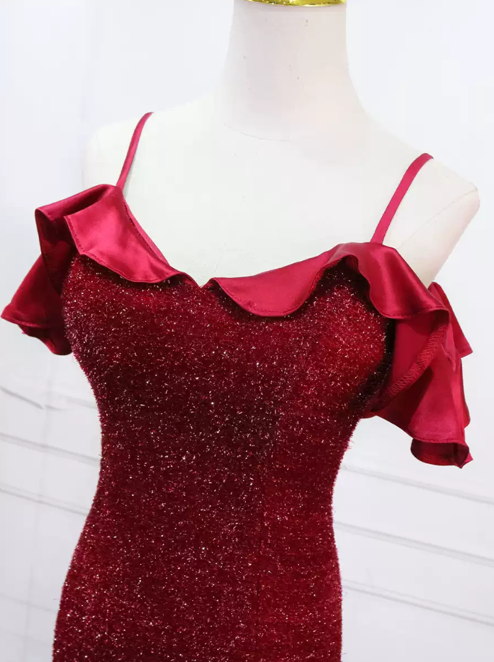 Glamorous Off-the-Shoulder Red Prom Dress Sequins Mermaid Evening Dress C8309