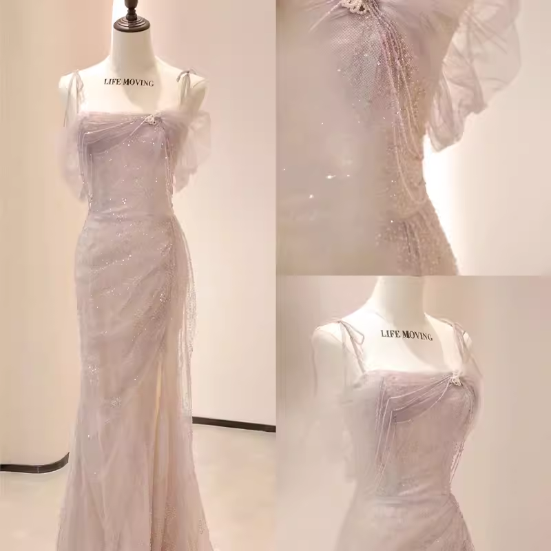 Vintage Mermaid Straps Pink Tulle Long Prom Dress C783