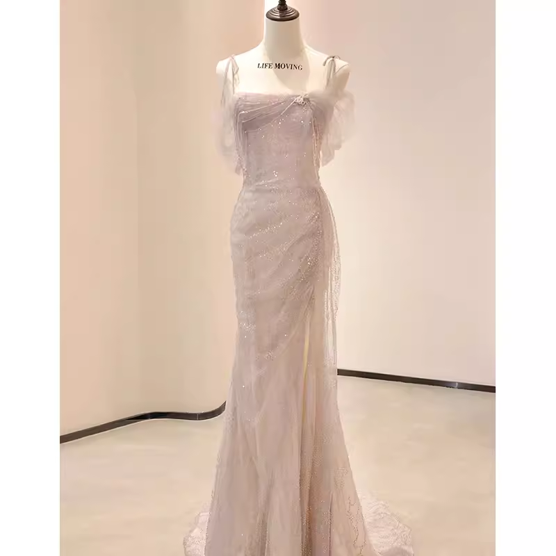 Vintage Mermaid Straps Pink Tulle Long Prom Dress C783