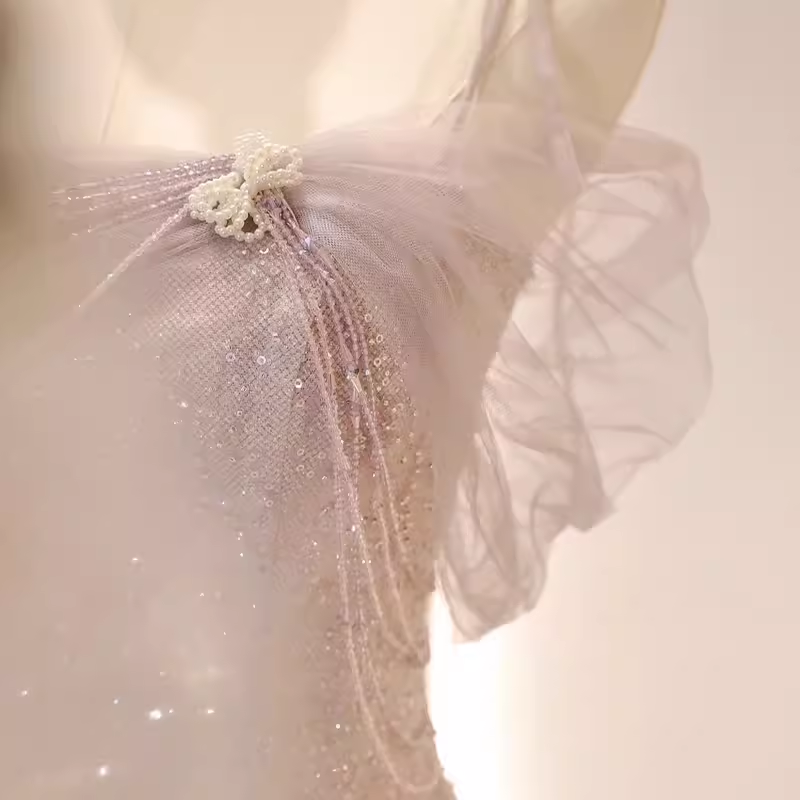 Vintage Mermaid Straps Pink Tulle Long Prom Dress C783
