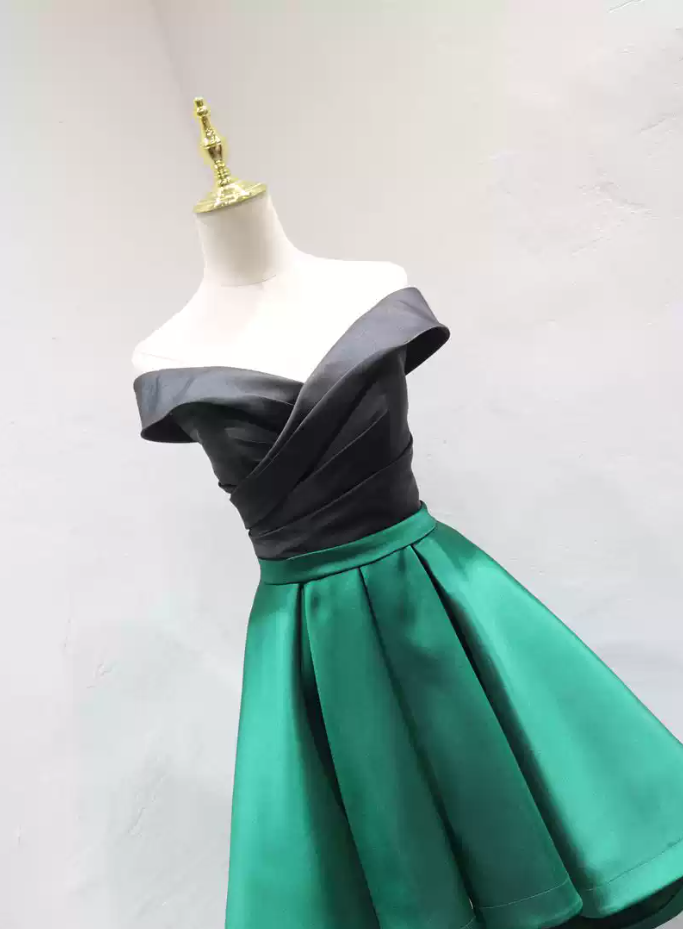 Trendy Off-Shoulder Black & Green Homecoming Dress A-Line Satin Birthday Dress C8354