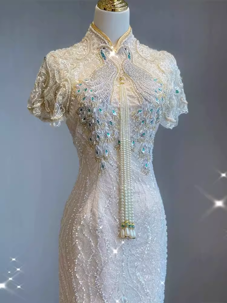 Robe de bal sexy fourreau à manches courtes et paillettes C840