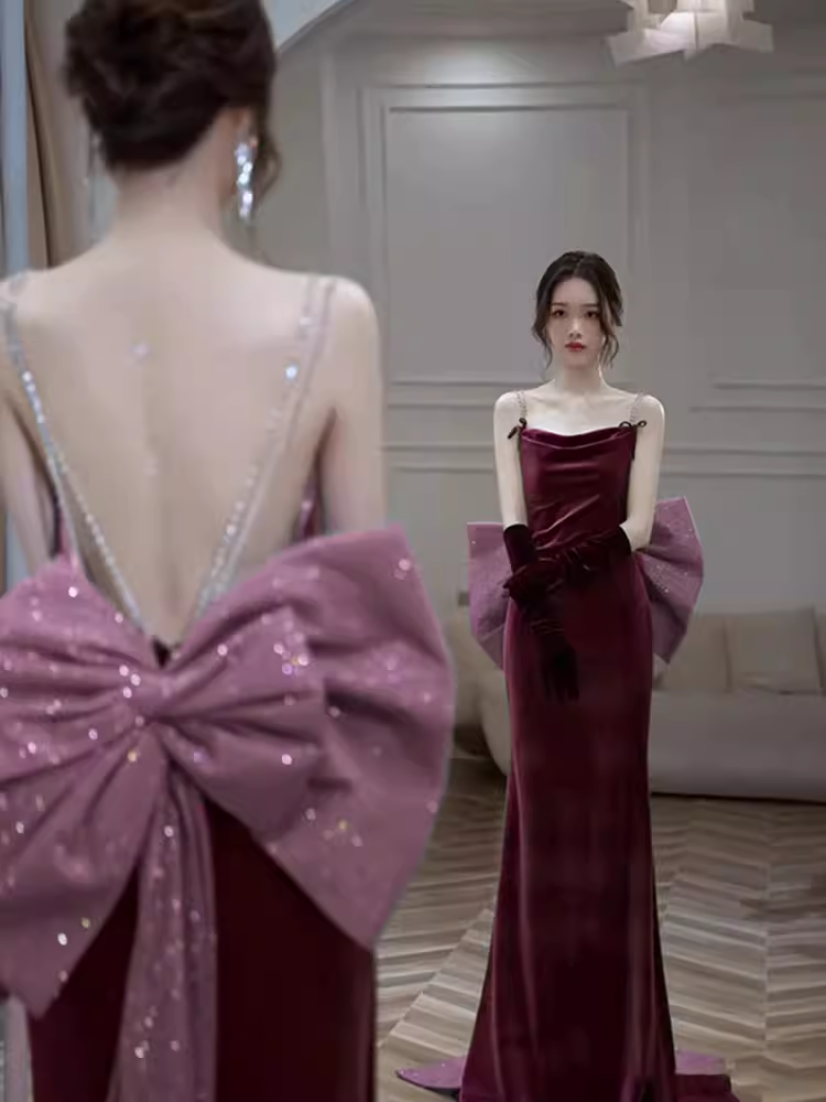 Robe de bal longue en velours bordeaux à bretelles sirène sexy C837