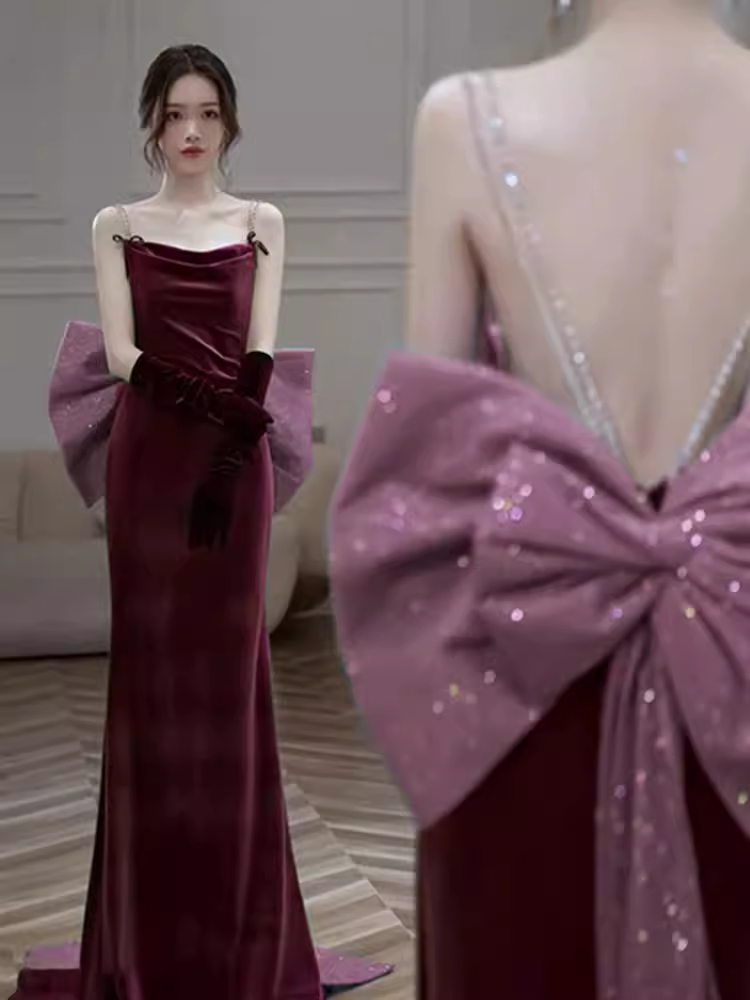 Robe de bal longue en velours bordeaux à bretelles sirène sexy C837