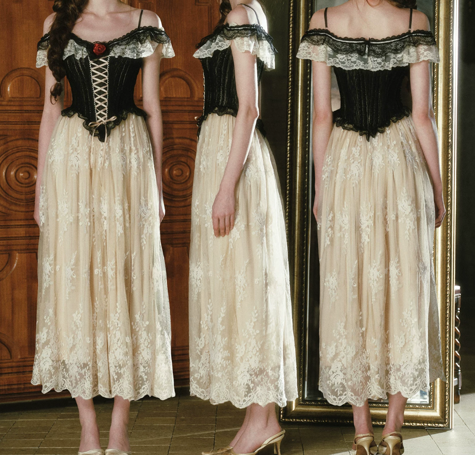 Attractive Spaghetti Straps Black Bodice Prom Dress Ivory Lace Tulle A-Line Evening Dress C8442