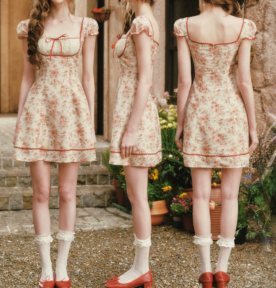 Cute Short Sleeve Lace Homecoming Dress Square Neck Floral A-Line Birthday Dress C8448