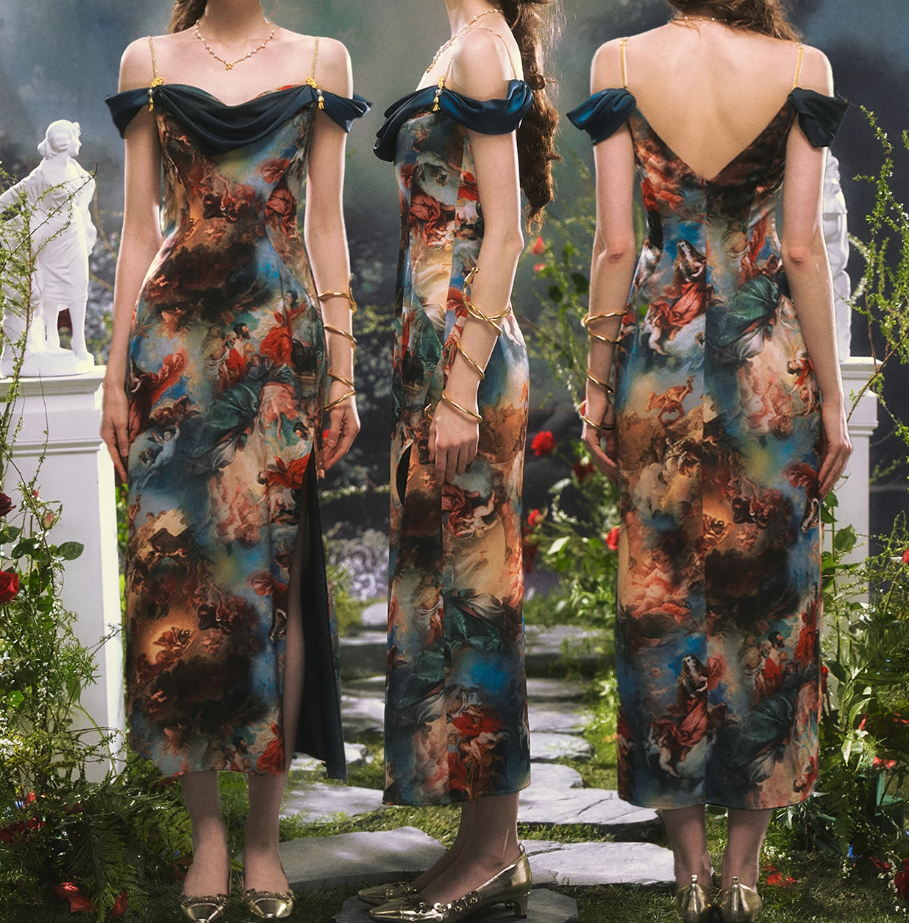 Chic Off-The-Shoulder Prom Dress Floral Slit Sheath Formal Dress C8452