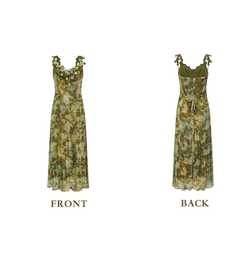Flowy Spagheeti Straps Green Prom Dress Tie-Dye Appliques A-Line Formal Dress C8461