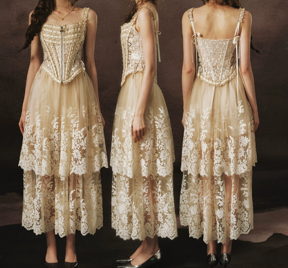Chic Spaghetti Straps Beige Prom Dress Lace Tulle A-Line Evening Dress C8466