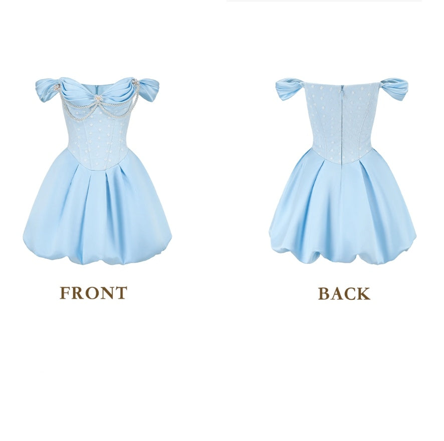 Ornate Off-The-Shoulder Blue Homecoming Dress Beading A-Line Birthday Dress C8470