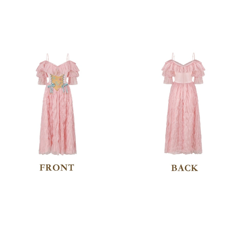 Sweet Off-the-Shoulder Pink Prom Dress Bows Floral Tulle A-Line Evening Dress C8471