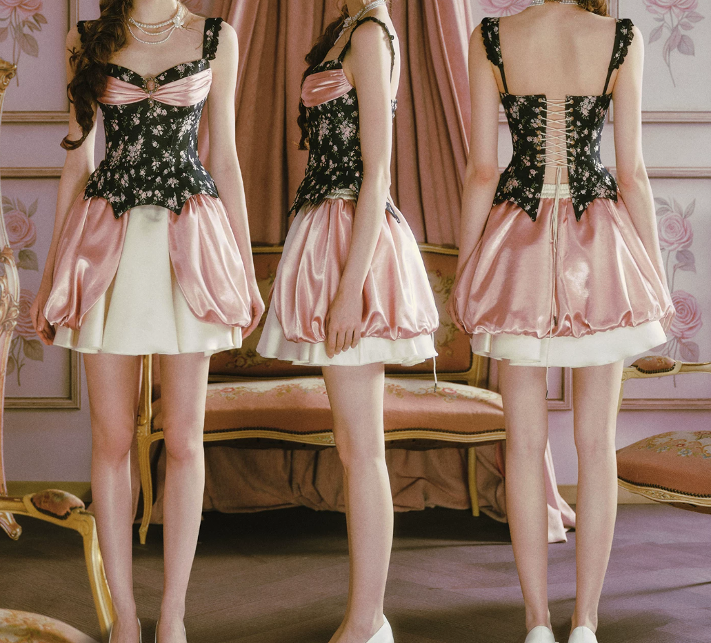 Adorable Spaghetti Straps Black Floral Homecoming Dress Satin A-Line Birthday Dress C8472