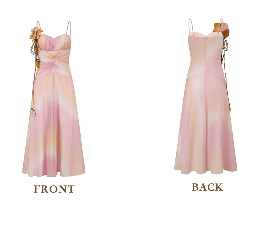 Classical Tie-Dye Pink Prom Dress Spaghetti Straps Floral A-Line Evening Dress C8478