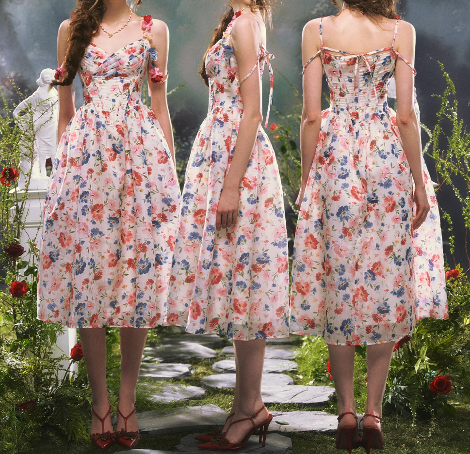 Rertro Spaghetti Straps Floral Prom Dress Appliques A-Line Evening Dress C8481