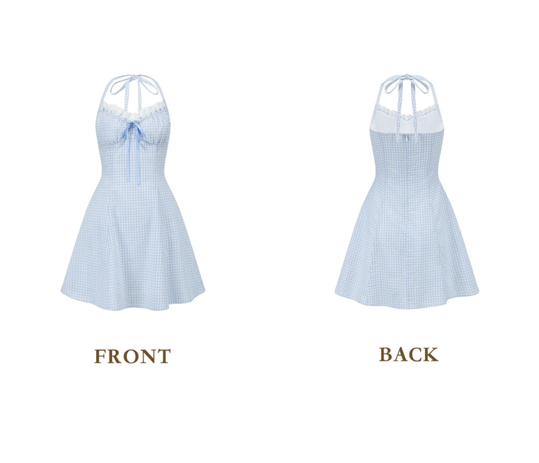 Simple Plaid Blue Homecoming Dress Halter Neck A-Line Birthday Dress C8483