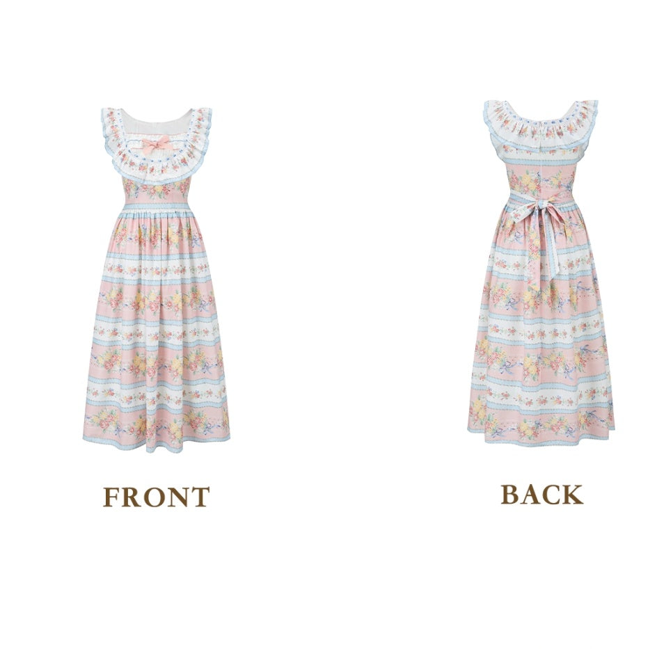 Playful Square Neck Floral Prom Dress Ruffles Bow A-Line Evening Dress C8485