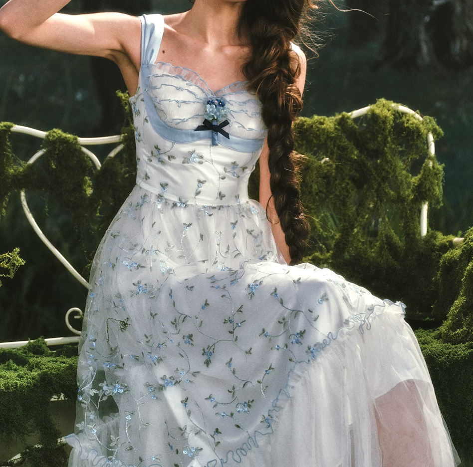 Dreamy A-Line Blue Prom Dress Floral Tulle Spaghetti Straps Evening Dress C8514