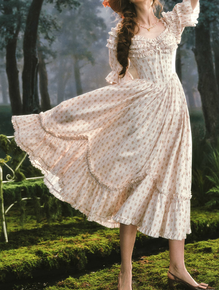Chic Square Neck White Prom Dress Floral Short Sleeve A-Line Evening Dress C8522