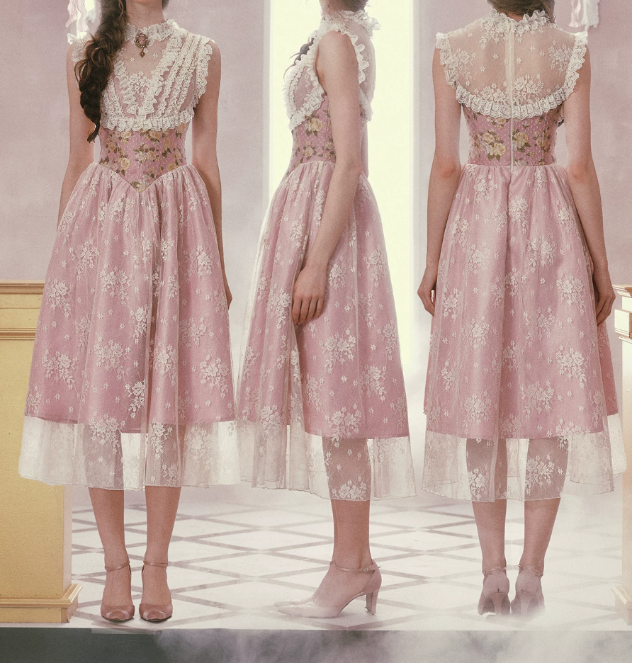 Romantic Round Neck Pink Prom Dress Lace Floral A-Line Evening Dress C8523