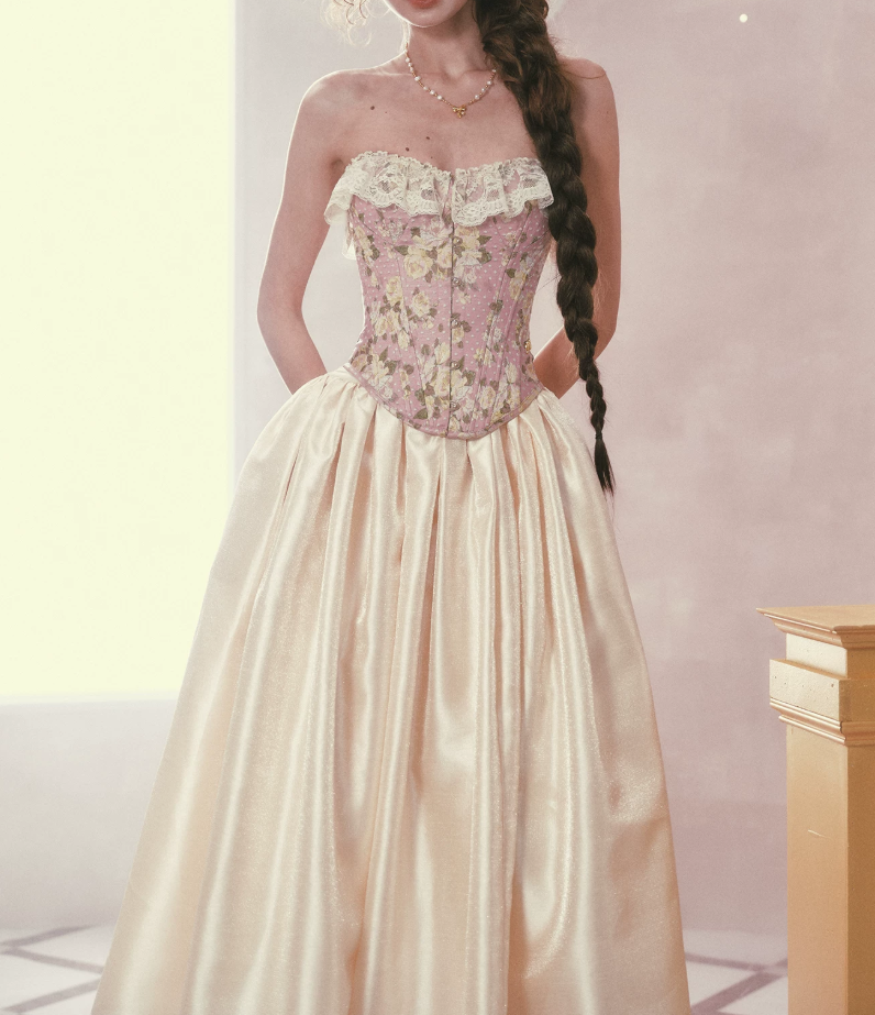 Glam Strapless Pink Prom Dress Lace Floral A-Line Satin Evening Dress C8524