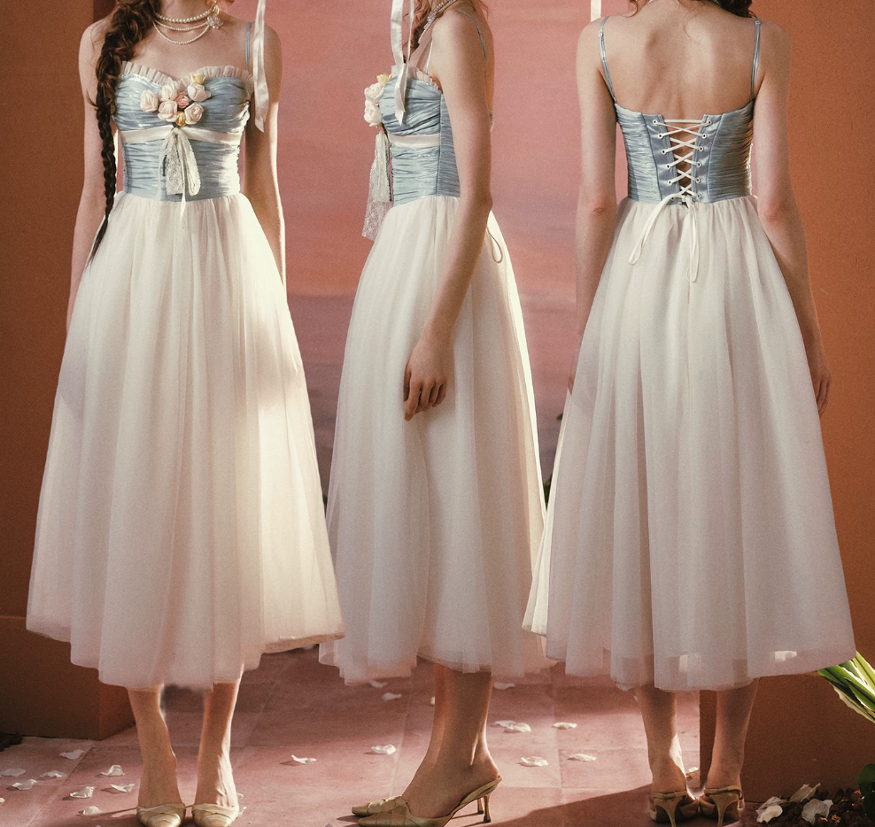 Alluring Blue Bodice Tulle White Prom Dress Appliques A-Line Evening Dress C8534