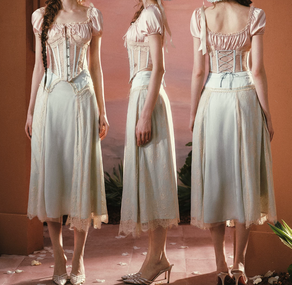 Adorable Short Sleeve Pink & Blue Prom Dress Lace Square Neck A-Line Evening Dress C8549