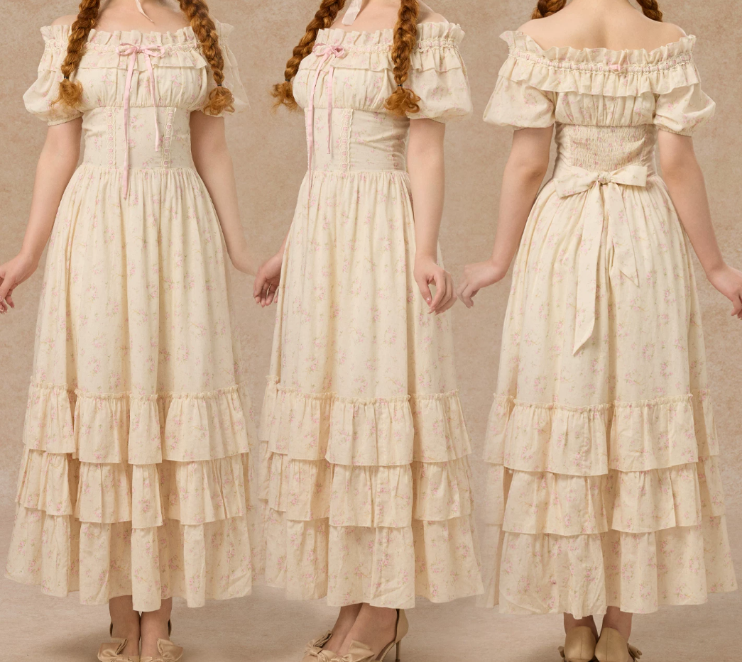 Fascinating Off-Shoulder Beige Prom Dress Floral A-Line Tiered Evening Dress C8617