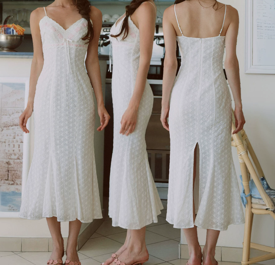 Retro Spaghetti Straps White Prom Dress Lace Mermaid Evening Dress C8629