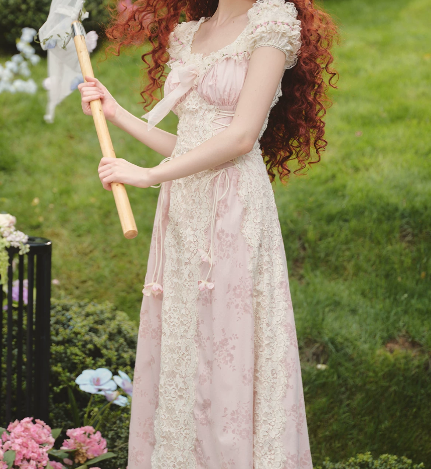 Romantic Short Sleeve Pink Prom Dress Lace Jacquard A-Line Evening Dress C8635