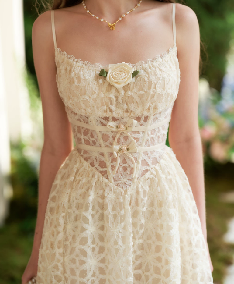 Ornate Spaghetti Straps Ivory Prom Dress Lace Bows A-Line Evening Dress C8639