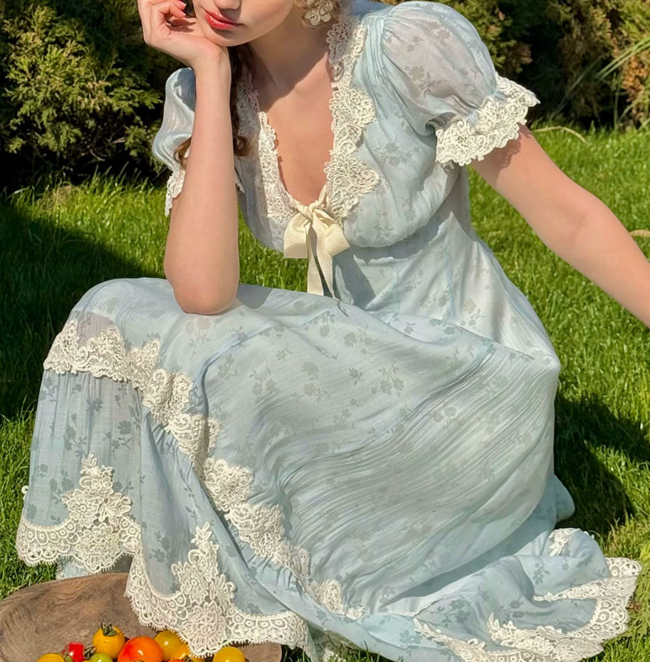 Romantic Short Sleeve Blue Prom Dress Lace V Neck A-Line Evening Dress C8644