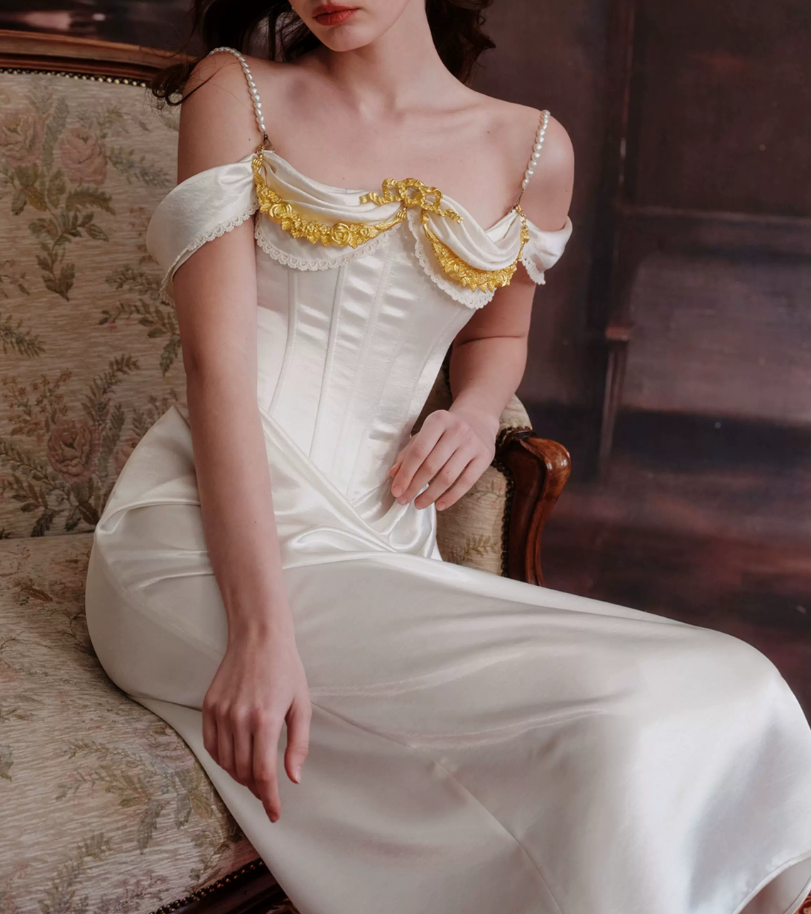 Graceful Beading Spaghetti Straps Prom Dress White Satin Evening Dress C8648