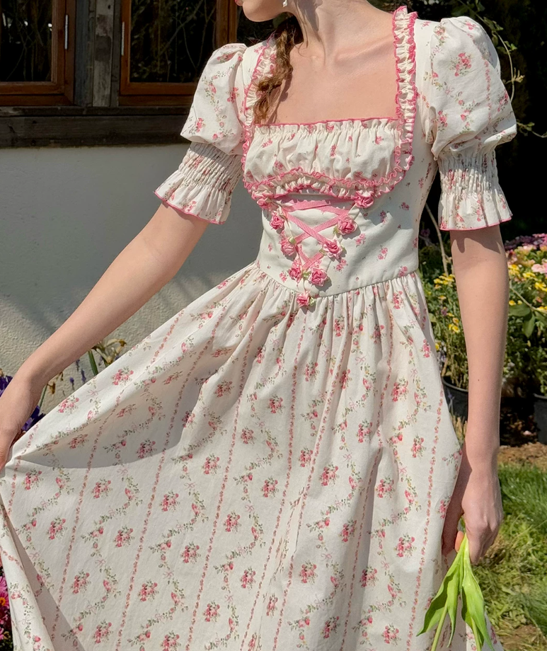 Classical Short Sleeve Ruffles Pink Prom Dress Square Neck Floral A-Line Evening Dress C8650