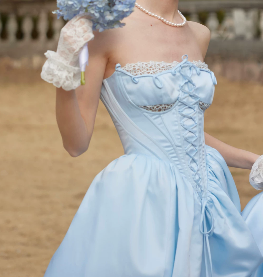Classical Strapless Blue Prom Dress Lace-Up A-Line Evening Dress C8679