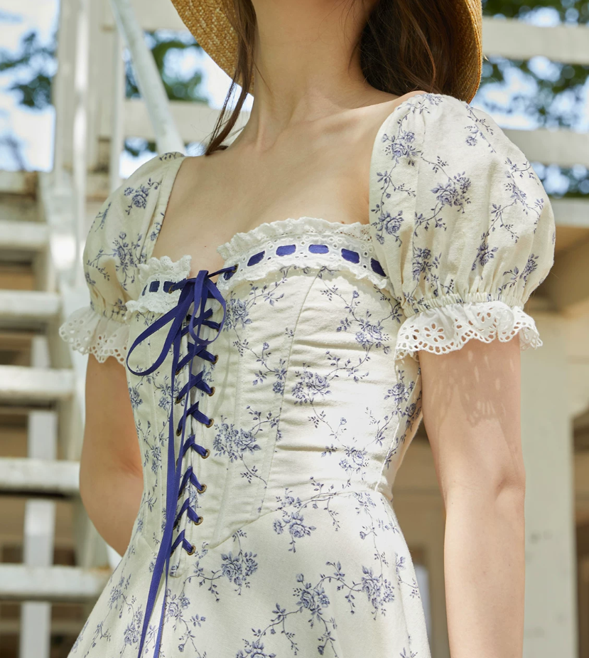 Classical Square Neck Floral Prom Dress Blue Lace A-Line Evening Dress C8683