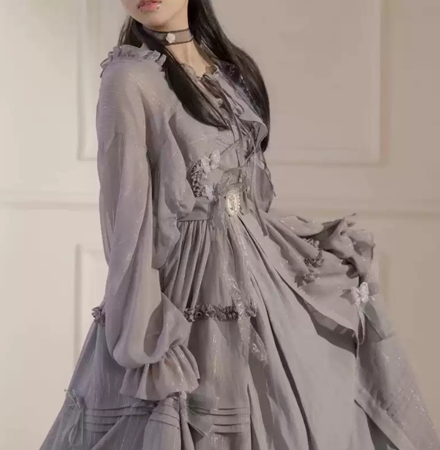 Romantic Butterflies Purple Prom Dress Long Sleeve Ruffles A-Line Evening Dress C8688