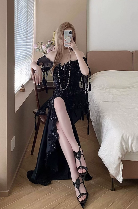 Gothic Style Off-Shoulder Black Slit Prom Dress Sequins Tassel Mermaid Evening Dress C8748