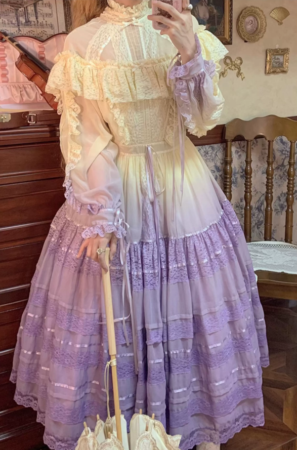 Elegant Long Sleeve High Collar Prom Dress Purple Lace A-Line Evening Dress C8754