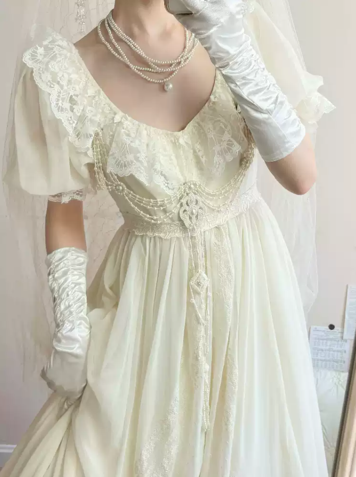 Attractive Short Sleeve Ivory Prom Dress Beading Lace A-Line Evening Dress C8760