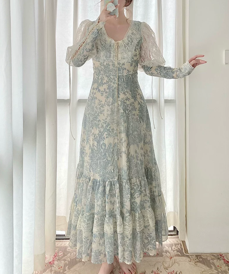 Vintage Long Sleeve Green Prom Dress Floral A-Line Evening Dress C8764